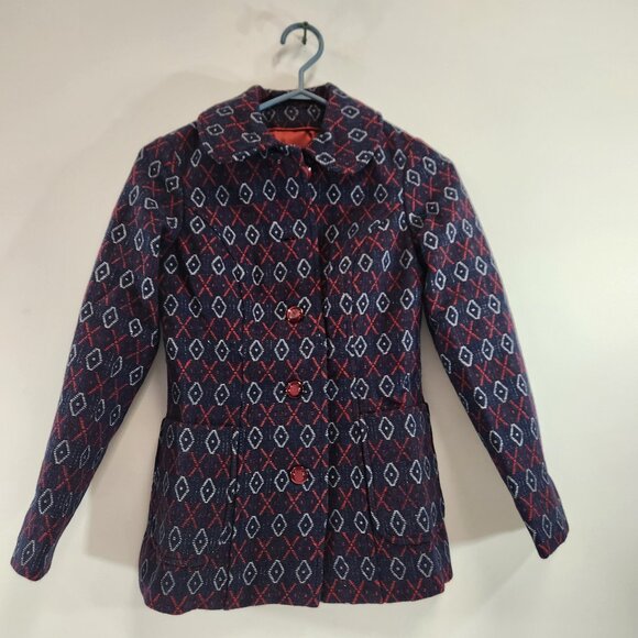 Jackets & Blazers - Vintage Diamond X Pattern Handmade Jacket Blue & Red Outdoor Blazer Sport Coat